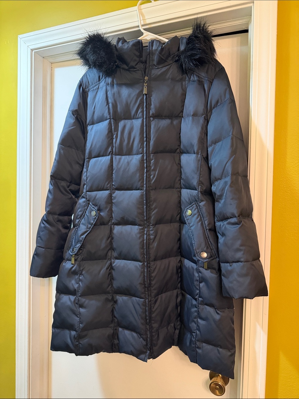 Nautica Navy Quilted Puffer Coat with Faux Fur Trim Hood